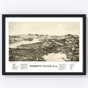 May include: An antique black and white illustration of Meredith Village, New Hampshire, showing a bird's eye view of the town with a lake and surrounding hills. The text "MEREDITH VILLAGE, N.H." is printed at the bottom of the image.