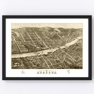 Augusta Map 1878 - Old Map of Augusta Maine Art Vintage Print Framed Canvas Bird&#39;s Eye View Portrait History Genealogy Farmhouse Décor