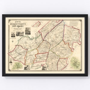 Morris County New Jersey Map 1853 - Old Map of Morris County New Jersey Art Vintage Print Framed Canvas Portrait History Genealogy