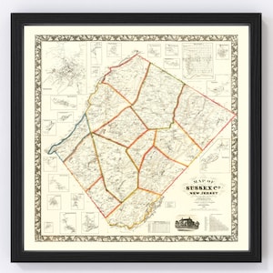 Sussex County New Jersey Map 1860 - Old Map of Sussex County New Jersey Art Vintage Print Framed Canvas Portrait History Genealogy