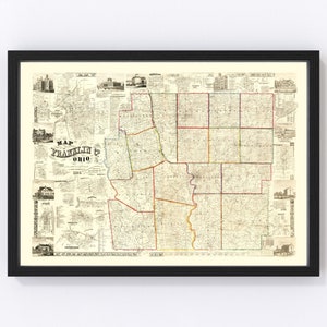 Franklin County Map 1856, Vintage Franklin County Map, Old Franklin County Ohio Art, Wall Art Gift for Franklin County History Lovers Retro