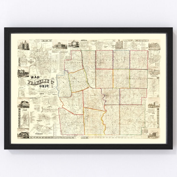 Franklin County Ohio Map 1856 - Old Map of Franklin County Ohio Art Vintage Print Framed Canvas Portrait History Genealogy Farmhouse Décor