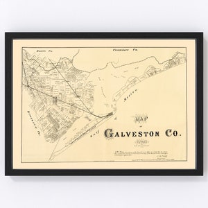 Galveston County Texas Map 1879 - Old Map of Galveston County Texas Art Vintage Print Framed Canvas Portrait History Genealogy Farmhouse