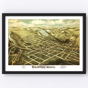 May include: An antique bird's-eye view map of Clinton, Massachusetts, printed in brown and green ink on paper. The map shows the town's streets, buildings, and waterways. The title "Clinton, Mass." is printed in a decorative font at the bottom of the map.