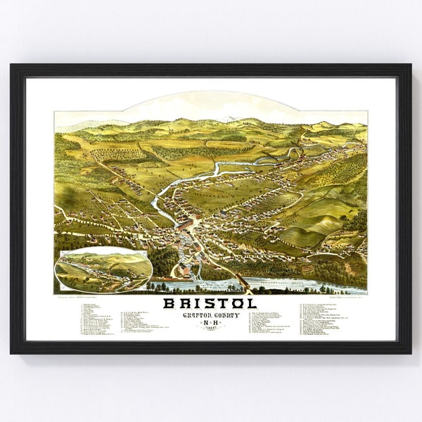 Bristol Map 1884 - Old Map of Bristol New Hampshire Art Vintage Print Framed Canvas Bird's Eye View Portrait History Genealogy Farmhouse