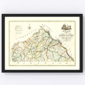 York County Pennsylvania Map 1821 - Old Map of York County Pennsylvania Art Vintage Print Framed Canvas Portrait History Genealogy