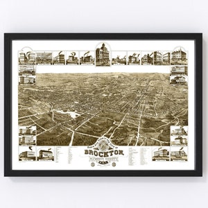 Brockton Map 1882 - Old Map of Brockton Massachusetts Art Vintage Print Framed Canvas Bird&#39;s Eye View Portrait History Genealogy Farmhouse
