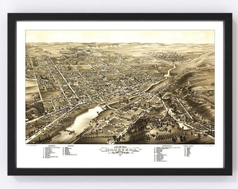 Waukesha Map 1880 - Old Map of Waukesha Wisconsin Art Vintage Print Framed Canvas Bird's Eye View Portrait History Genealogy Farmhouse Décor