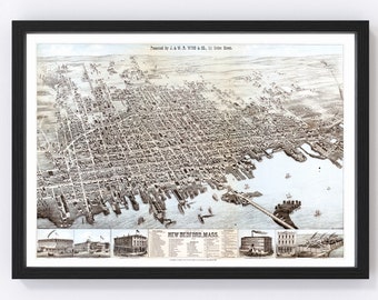 New Bedford Map 1876 - Old Map of New Bedford Massachusetts Art Vintage Print Framed Canvas Bird's Eye View Portrait History Genealogy