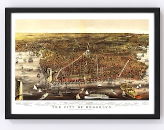 Brooklyn Map 1879 - Old Map of Brooklyn New York Art Vintage Print Framed Canvas Bird's Eye View Portrait History Genealogy Farmhouse Décor