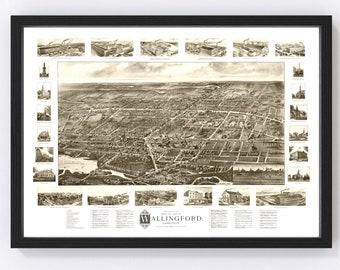 Wallingford Map 1905 - Old Map of Wallingford Connecticut Art Vintage Print Framed Canvas Bird's Eye View Portrait History Genealogy