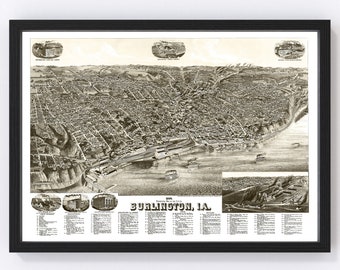 Burlington Map 1889 - Old Map of Burlington Iowa Art Vintage Print Framed Canvas Bird's Eye View Portrait History Genealogy Farmhouse Décor