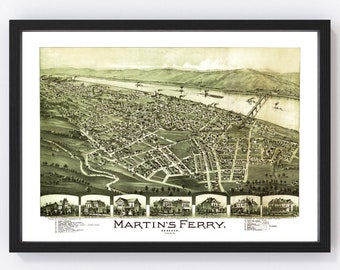 Martin's Ferry Map 1899 - Old Map of Martin's Ferry Ohio Art Vintage Print Framed Canvas Bird's Eye View Portrait History Genealogy