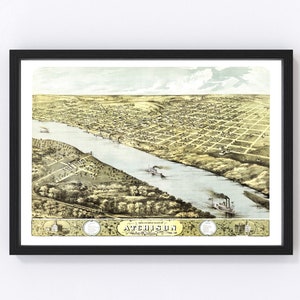 May include: An antique bird's-eye view map of Atchison, Kansas, printed in color on paper. The map shows the city's streets, buildings, and river. The map is framed in black.
