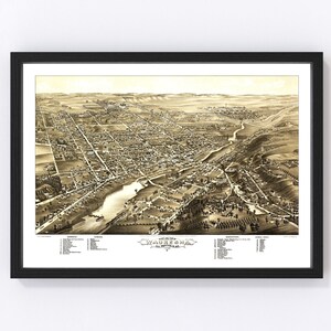 Waukesha Map 1880 - Old Map of Waukesha Wisconsin Art Vintage Print Framed Canvas Bird&#39;s Eye View Portrait History Genealogy Farmhouse Décor