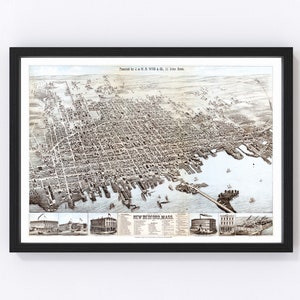 New Bedford Map 1876 - Old Map of New Bedford Massachusetts Art Vintage Print Framed Canvas Bird&#39;s Eye View Portrait History Genealogy