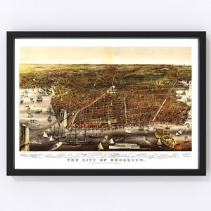 Brooklyn Map 1879 - Old Map of Brooklyn New York Art Vintage Print Framed Canvas Bird&#39;s Eye View Portrait History Genealogy Farmhouse Décor