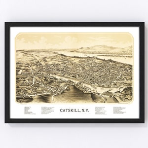 Catskill Map 1889 - Old Map of Catskill New York Art Vintage Print Framed Canvas Bird&#39;s Eye View Portrait History Genealogy Farmhouse Décor