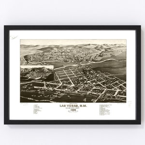 May include: An antique aerial view map of Las Vegas, New Mexico, from 1888. The map shows the city's layout with streets, buildings, and surrounding landscape. The map is printed in black and white and has a vintage aesthetic.