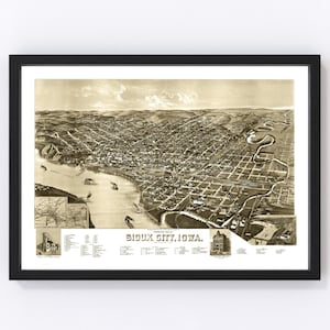 Sioux City Map 1888 - Old Map of Sioux City Iowa Art Vintage Print Framed Canvas Bird&#39;s Eye View Portrait History Genealogy Farmhouse Décor