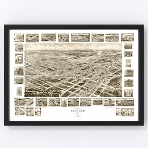 Suffolk Map 1907 - Old Map of Suffolk Virginia Art Vintage Print Framed Canvas Bird&#39;s Eye View Portrait History Genealogy Farmhouse Décor