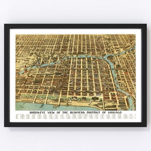 Chicago Map 1898 - Old Map of Chicago Illinois Art Vintage Print Framed Canvas Bird&#39;s Eye View Portrait History Genealogy Farmhouse Décor