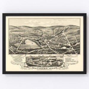 Maynard Map 1879 - Old Map of Maynard Massachusetts Art Vintage Print Framed Canvas Bird&#39;s Eye View Portrait History Genealogy Farmhouse