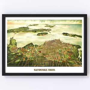 Sandusky Map 1898 - Old Map of Sandusky Ohio Art Vintage Print Framed Canvas Bird&#39;s Eye View Portrait History Genealogy Farmhouse Décor