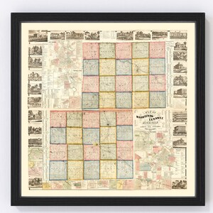 Lenawee County Map 1864, Vintage Lenawee County Map, Old Lenawee County Michigan Art, Wall Art Gift for Lenawee County History Lovers Retro