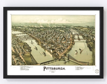Pittsburgh Map 1902 - Old Map of Pittsburgh Pennsylvania Art Vintage Print Framed Canvas Bird&#39;s Eye View Portrait History Genealogy