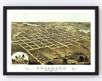 Tecumseh Map 1868 - Old Map of Tecumseh Michigan Art Vintage Print Framed Canvas Bird's Eye View Portrait History Genealogy Farmhouse Décor