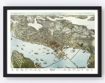 Seattle Map 1891 - Old Map of Seattle Washington Art Vintage Print Framed Canvas Bird's Eye View Portrait History Genealogy Farmhouse Décor