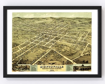 Huntsville Map 1871 - Old Map of Huntsville Alabama Art Vintage Print Framed Canvas Bird's Eye View Portrait History Genealogy Farmhouse