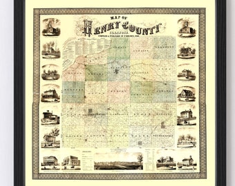 Henry County Map 1860, Vintage Henry County Map, Old Henry County Illinois Art, Wall Art Gift for Henry County History Lovers Retro Decor