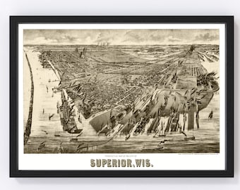 Superior Map 1893 - Old Map of Superior Wisconsin Art Vintage Print Framed Canvas Bird's Eye View Portrait History Genealogy Farmhouse Décor