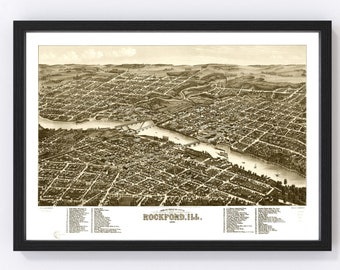 Rockford Map 1880 - Old Map of Rockford Illinois Art Vintage Print Framed Canvas Bird's Eye View Portrait History Genealogy Farmhouse Décor