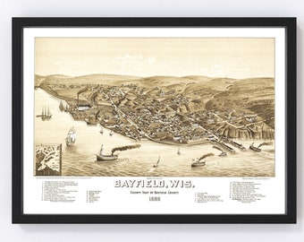 Bayfield Map 1886 - Old Map of Bayfield Wisconsin Art Vintage Print Framed Canvas Bird's Eye View Portrait History Genealogy Farmhouse Décor