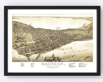 Madison Map 1885 - Old Map of Madison Wisconsin Art Vintage Print Framed Canvas Bird's Eye View Portrait History Genealogy Farmhouse Décor