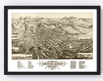 Butte City Map 1884 - Old Map of Butte City Montana Art Vintage Print Framed Canvas Bird's Eye View Portrait History Genealogy Farmhouse