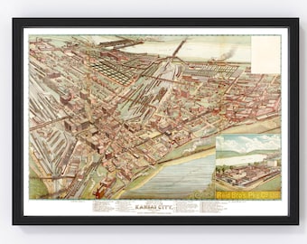 May include: An antique aerial view map of Kansas City, Missouri, showing the city's layout and buildings in detail. The map is printed in a vintage style with brown, red, and green colors. The map includes the text "Kansas City" and "Reid Bros. Ptg. Co. Ltd."