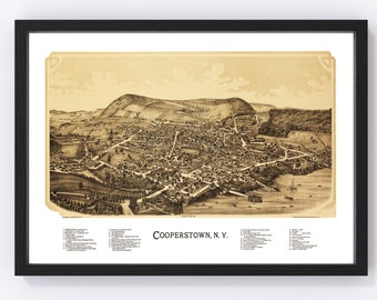 Cooperstown Map 1890 - Old Map of Cooperstown New York Art Vintage Print Framed Canvas Bird's Eye View Portrait History Genealogy