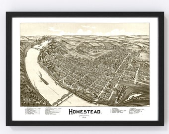 Homestead Map 1902 - Old Map of Homestead Pennsylvania Art Vintage Print Framed Canvas Bird's Eye View Portrait History Genealogy