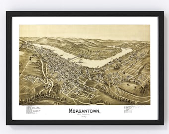 Morgantown Map 1897 - Old Map of Morgantown West Virginia Art Vintage Print Framed Canvas Bird's Eye View Portrait History Genealogy