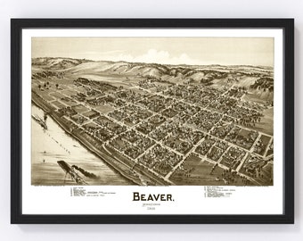 Beaver Map 1900 - Old Map of Beaver Pennsylvania Art Vintage Print Framed Canvas Bird's Eye View Portrait History Genealogy Farmhouse Décor