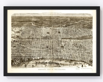 Philadelphia Map 1872 - Old Map of Philadelphia Pennsylvania Art Vintage Print Framed Canvas Bird's Eye View Portrait History Genealogy