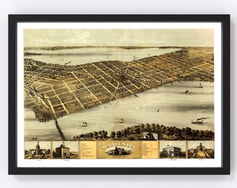 Madison Map 1867 - Old Map of Madison Wisconsin Art Vintage Print Framed Canvas Bird's Eye View Portrait History Genealogy Farmhouse Décor