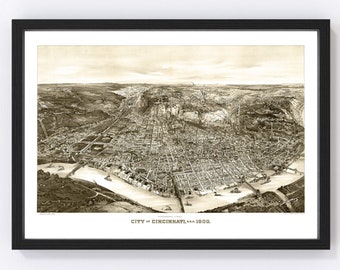 Cincinnati Map 1900 - Old Map of Cincinnati Ohio Art Vintage Print Framed Canvas Bird's Eye View Portrait History Genealogy Farmhouse Décor