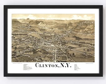 Clinton Map 1885 - Old Map of Clinton New York Art Vintage Print Framed Canvas Bird's Eye View Portrait History Genealogy Farmhouse Décor