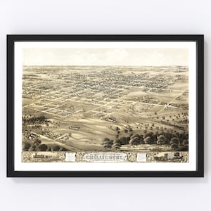 May include: An antique bird's-eye view map of Chillicothe, Ohio, printed in sepia tones. The map shows the city's layout with streets, buildings, and surrounding landscape.