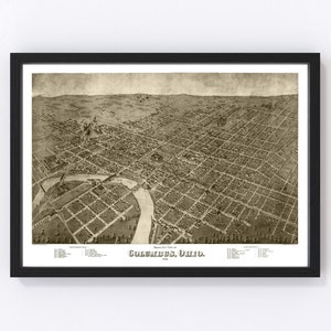 Columbus Map 1872 - Old Map of Columbus Ohio Art Vintage Print Framed Canvas Bird&#39;s Eye View Portrait History Genealogy Farmhouse Décor